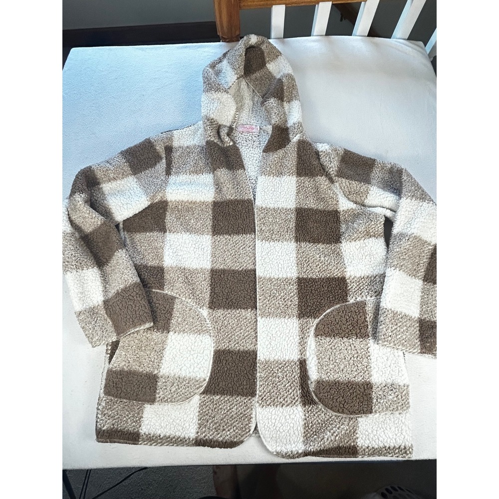 Pink Lily Buffalo Check Sherpa Hoodie Cardigan Tan Cream Plaid 2XL Open Front